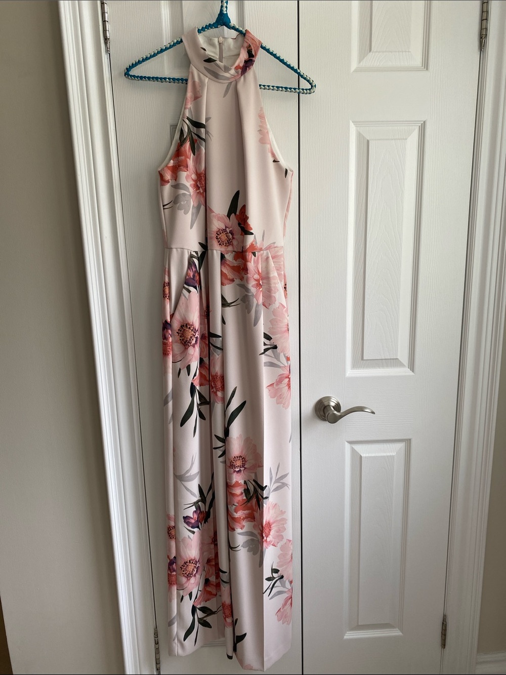 Floral High-Neck jump suit in Blush with Pink Flowers